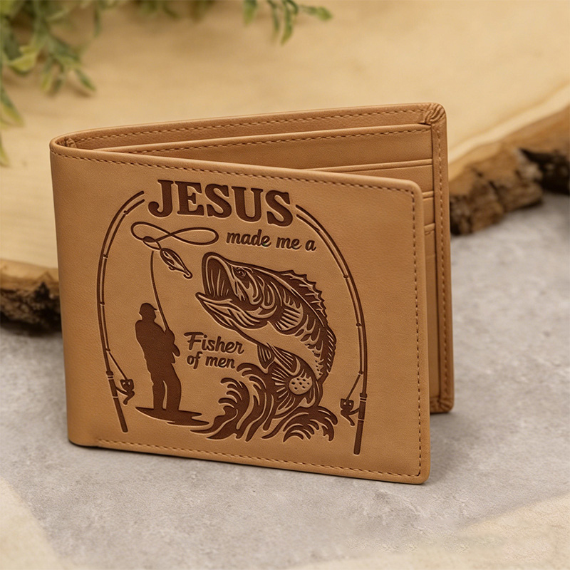 Personalized Jesus Made Me A Fisher of Men Leather Bifold Wallet with Custom Name Christian Fishing Multi Pocket Wallet Religious Gift for Men Dad