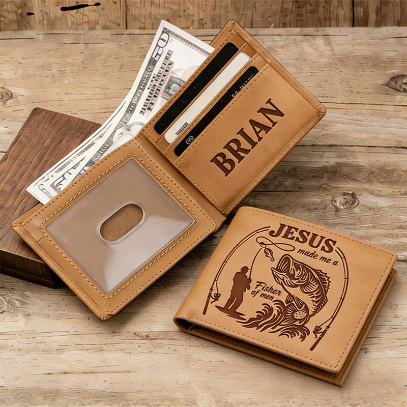 Personalized Jesus Made Me A Fisher of Men Leather Bifold Wallet with Custom Name Christian Fishing Multi Pocket Wallet Religious Gift for Men Dad