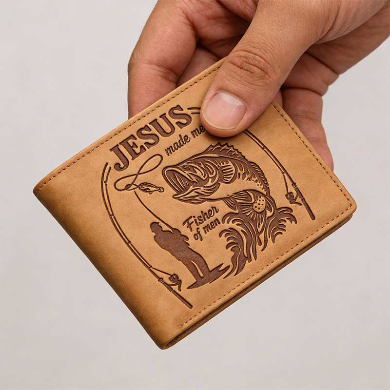 Personalized Jesus Made Me A Fisher of Men Leather Bifold Wallet with Custom Name Christian Fishing Multi Pocket Wallet Religious Gift for Men Dad