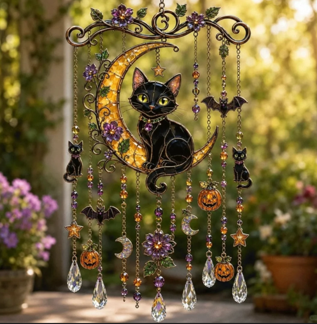 Halloween Witch Hat Suncatcher Wind Chime, Stained Glass Style Window Decor, Gothic Porch Hanging Gift for Witchy Fall Party Homes