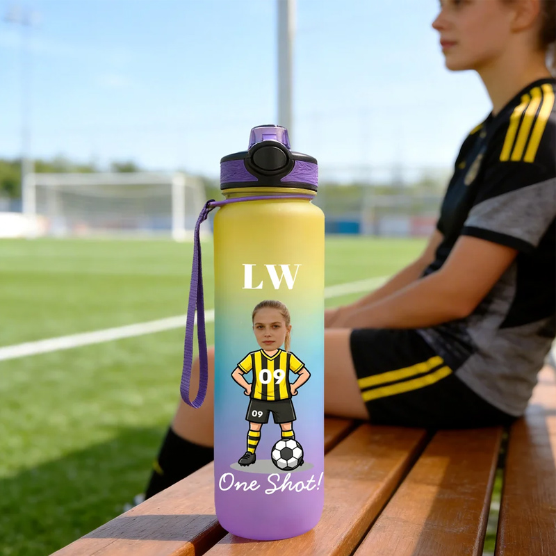Personalized Cartoon Soccer Character Face Photo 32 oz Water Bottle with Name and Number Birthday Gift for Soccer Fans Lovers