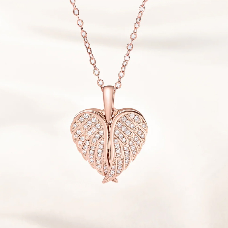 Personalized Cubic Zircon Heart Shape Angel Wing Photo Necklace Anniversary Birthday Gift for Her