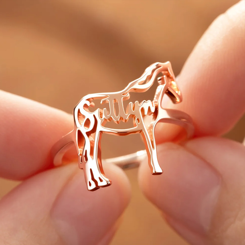 Personalized Horse Silhouette Ring with Name Dainty Jewelry Birthday Anniversary Gift for Horse Lovers Equestrians