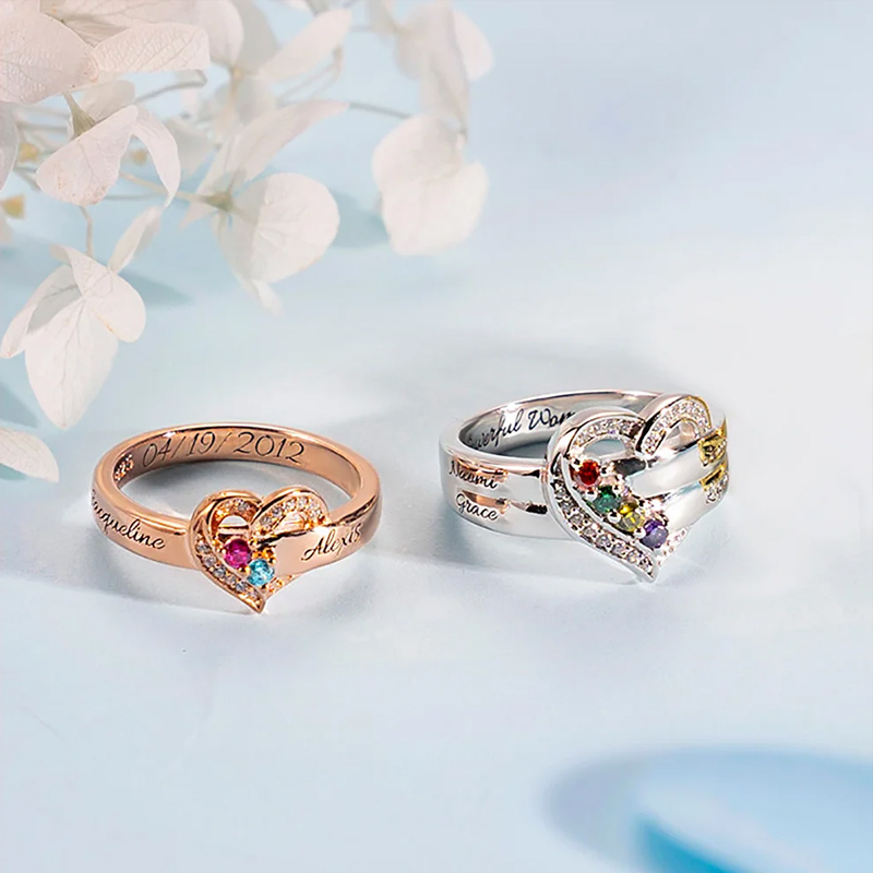 Personalized 1-8 Birthstones Heart Family Ring Where Hearts Meet Love Gleams In Every Stone