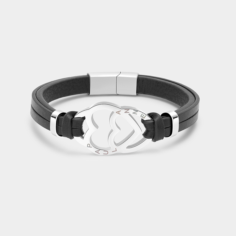 Personalized Stainless Steel Heart in Heart Leather Couple Bracelets with Custom Names for Lovers