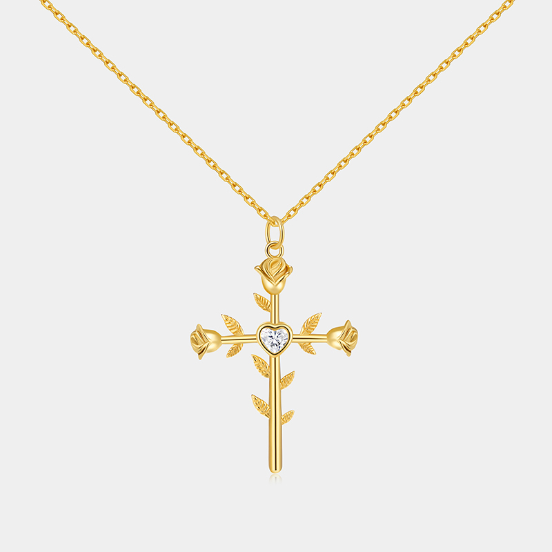 Personalized Sterling Silver Double Sided Cross with Rose Name and Birthstone Engraved Necklace