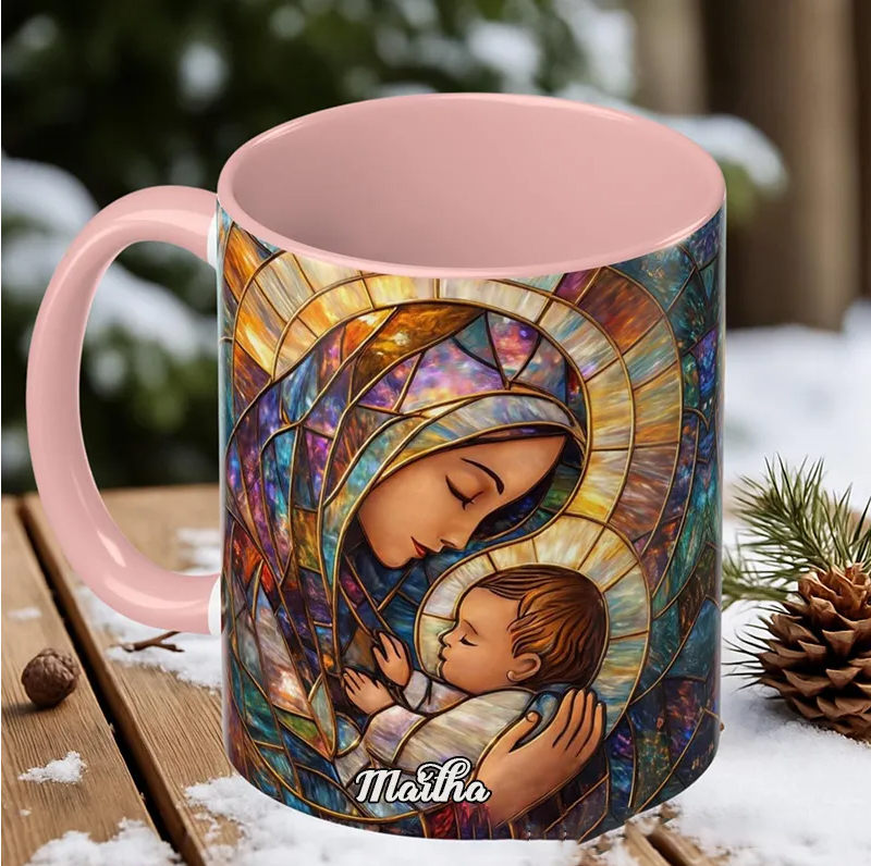 Personalized Stained Glass Virgin Mary and Baby Jesus 11oz Ceramic Mug with Custom Name Religious Coffee Mug Catholic Gift for Women
