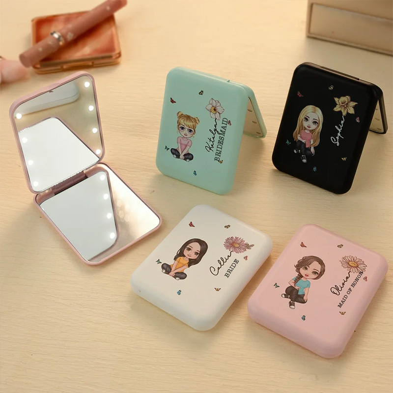 Personalized Cartoon Character Portable LED Double-Sided Compact Makeup Mirror with Birth Flower and Name Birthday Bridesmaid Gift for Women