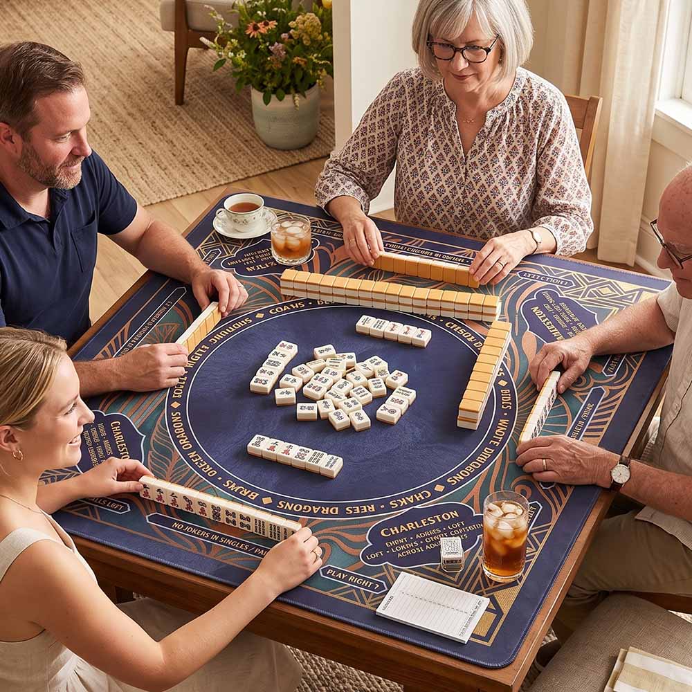 Personalized Dark Blue Art Deco Mahjong Mat with Rules Instructions