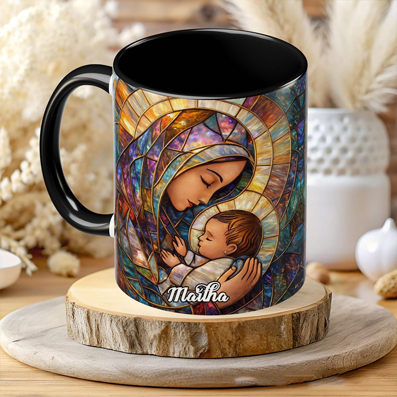 Personalized Stained Glass Virgin Mary and Baby Jesus 11oz Ceramic Mug with Custom Name Religious Coffee Mug Catholic Gift for Women