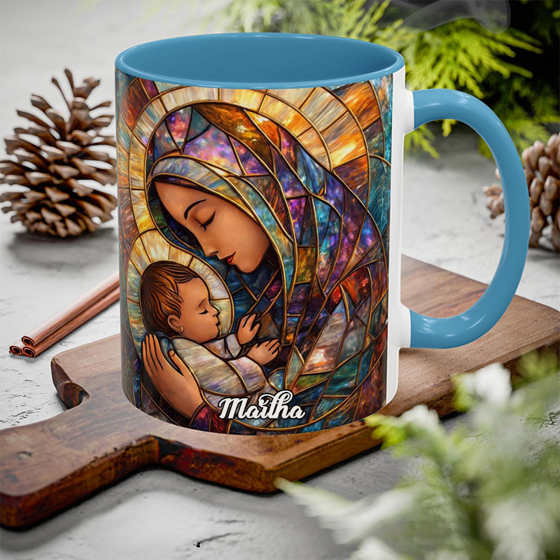 Personalized Stained Glass Virgin Mary and Baby Jesus 11oz Ceramic Mug with Custom Name Religious Coffee Mug Catholic Gift for Women
