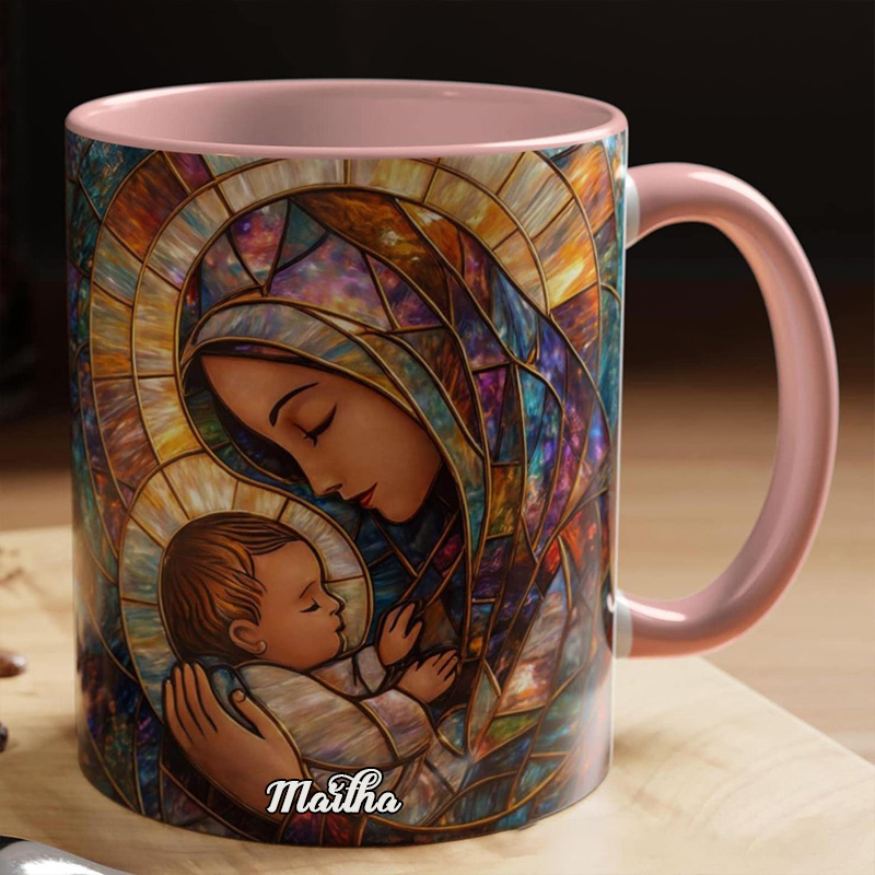 Personalized Stained Glass Virgin Mary and Baby Jesus 11oz Ceramic Mug with Custom Name Religious Coffee Mug Catholic Gift for Women
