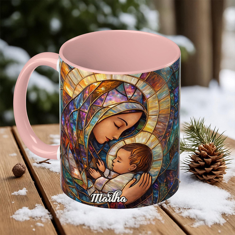 Personalized Stained Glass Virgin Mary and Baby Jesus 11oz Ceramic Mug with Custom Name Religious Coffee Mug Catholic Gift for Women