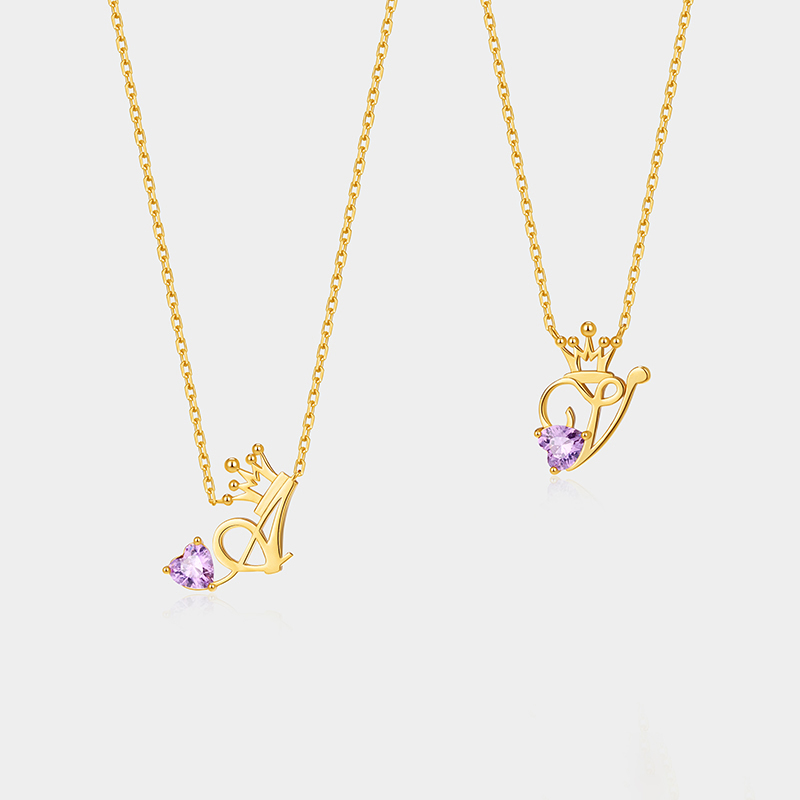 Personalized Sterling Silver Unique Shaped Initial Crown Birthstone Color Necklace