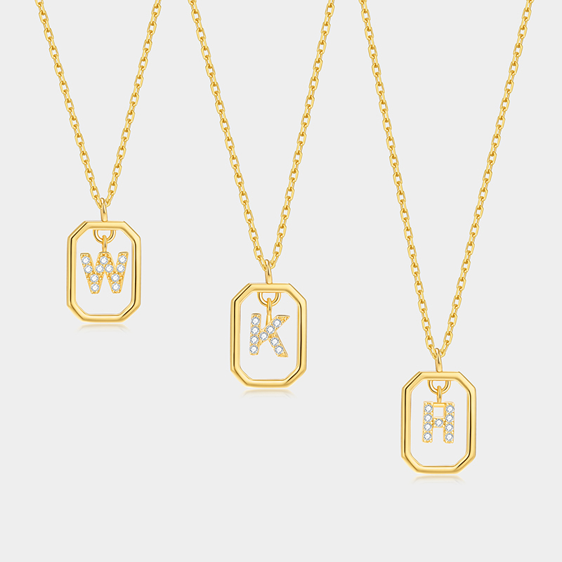 Personalized Sterling Silver 26 Letter Alphabet Octagon Framed Necklace with Custom Letter Choice