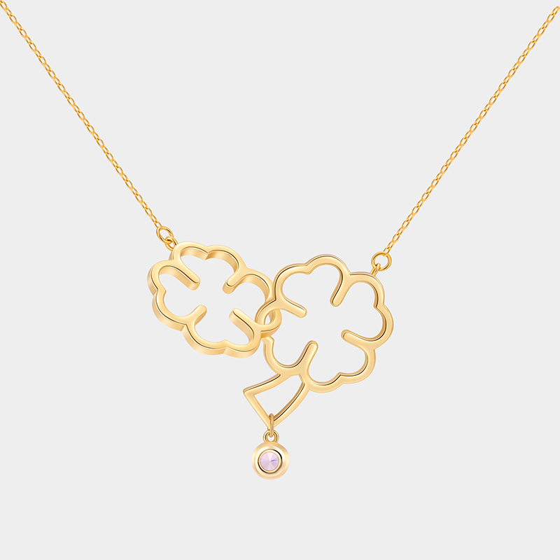 Personalized Sterling Silver Double Four-Leaf Clover Necklace with Custom Birthstone Accent Ideal Gifts for Her Valentine's Day Birthday