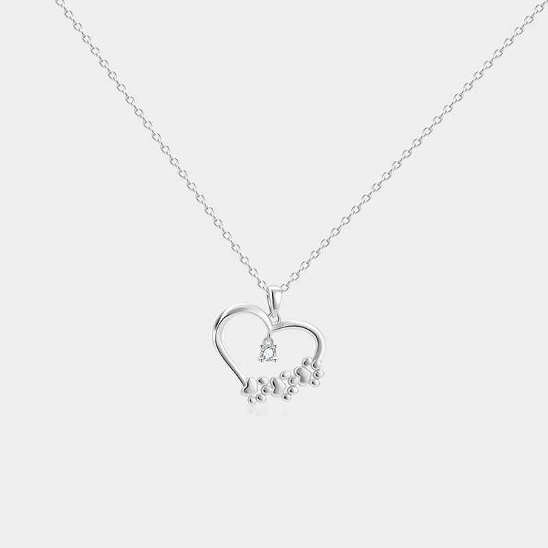 Personalized Sterling Silver Claw Print Interlocked Heart Pendant Necklace with Custom Birthstone Accent Perfect Gifts for Pet Lovers