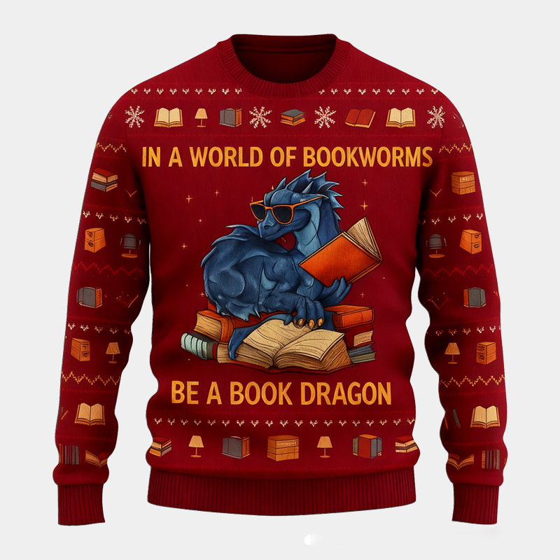 Personalized Funny Dinosaur Reading Ugly Christmas Sweater Gift for Book Lovers 