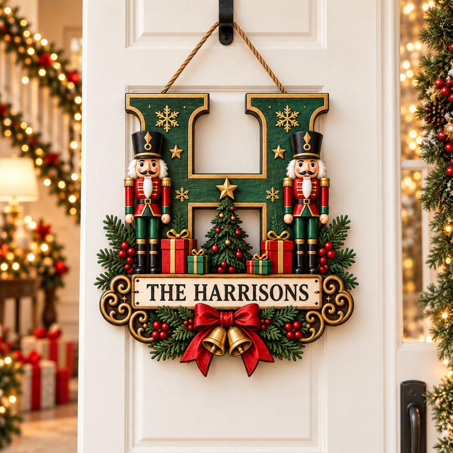 Personalized Nutcracker Christmas Wooden Door Sign, Family Name Initial Hanger, Red Green Holiday Monogram Decor, Festive Housewarming Gift