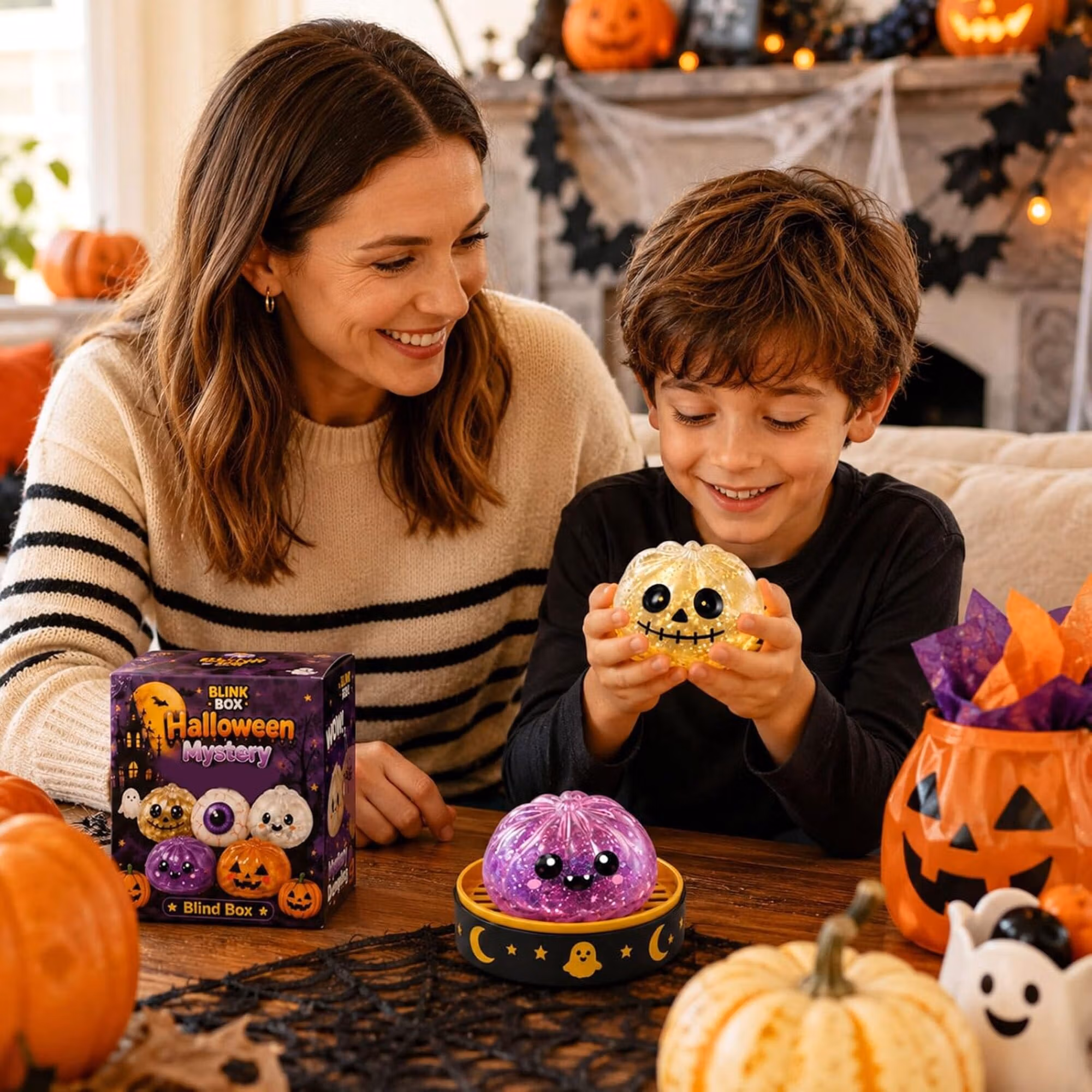Halloween Mystery Glitter Dumpling Squishy Box Set Ghost Pumpkin Eyeball Design Soft Stress Relief Fidget Toy Party Favor Gift