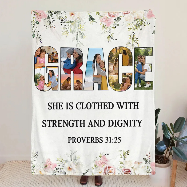 Personalized Grace Proverbs 31:25 Bible Verse Throw Blanket with Custom Photo Floral Blanket Faith Home Decor Religious Gift for Mother