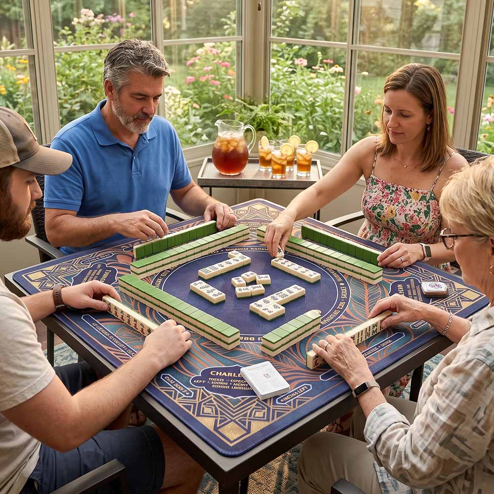 Personalized Dark Blue Art Deco Mahjong Mat with Rules Instructions