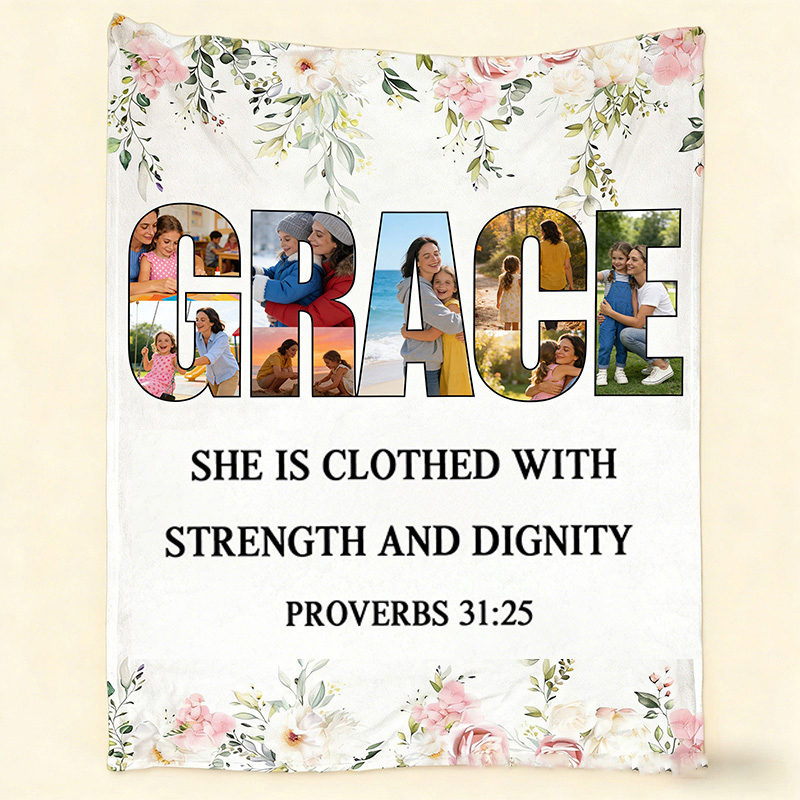 Personalized Grace Proverbs 31:25 Bible Verse Throw Blanket with Custom Photo Floral Blanket Faith Home Decor Religious Gift for Mother