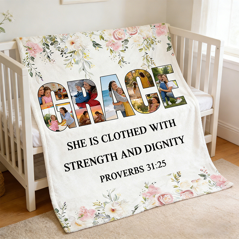 Personalized Grace Proverbs 31:25 Bible Verse Throw Blanket with Custom Photo Floral Blanket Faith Home Decor Religious Gift for Mother