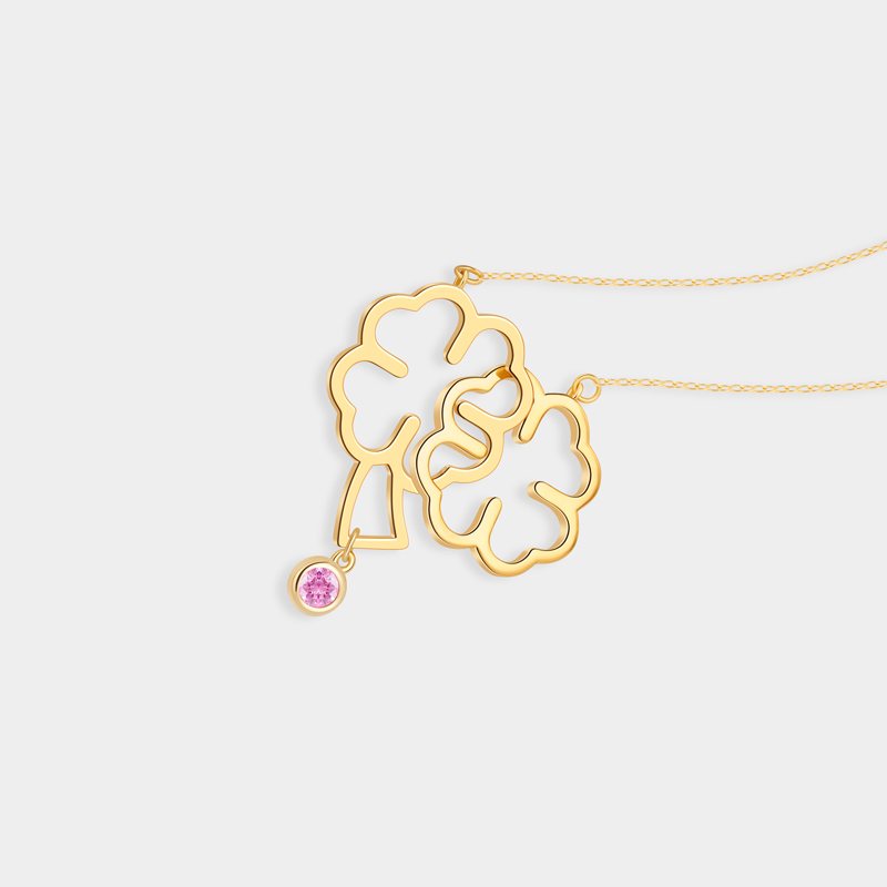 Personalized Sterling Silver Double Four-Leaf Clover Necklace with Custom Birthstone Accent Ideal Gifts for Her Valentine's Day Birthday