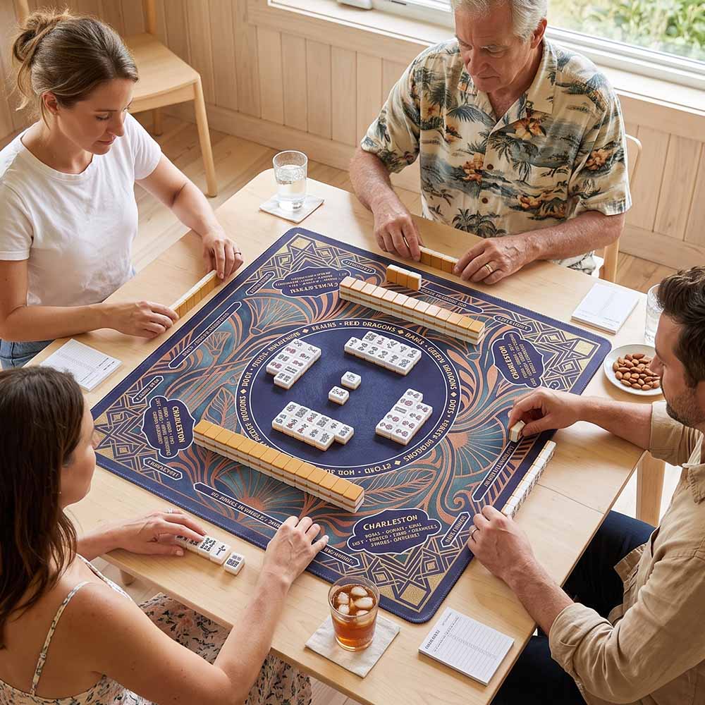 Personalized Dark Blue Art Deco Mahjong Mat with Rules Instructions