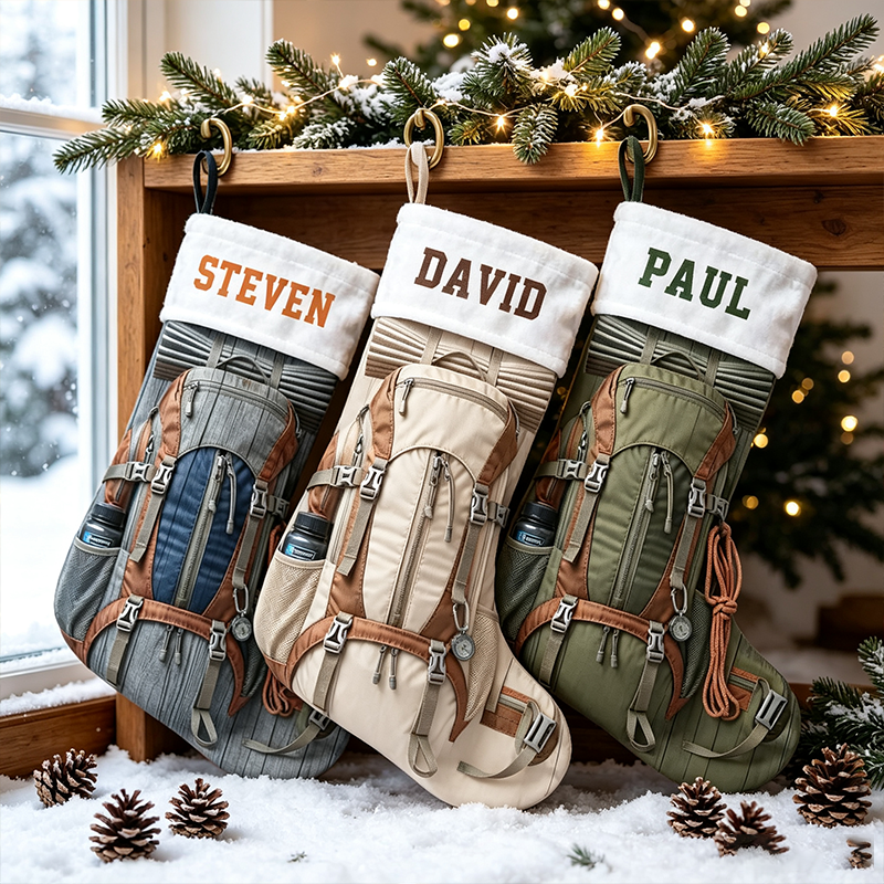 Personalized Hiking Backpack Christmas Stocking, Custom Name Outdoor Camping Rucksack Print Xmas Stocking with White Sherpa Cuff, Adventure Christmas Decor Gift for Hiker Camper