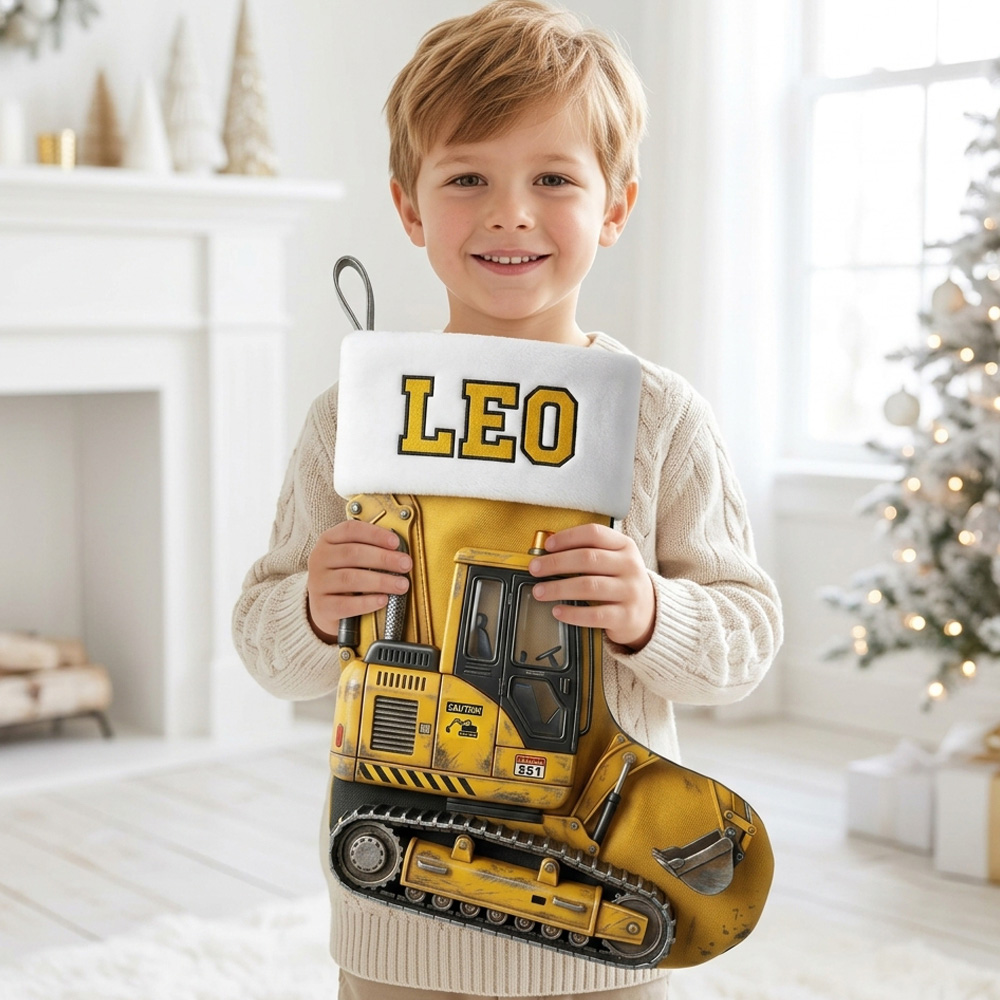 Personalized Construction Christmas Stocking Custom Name Yellow Excavator Truck Gift For Kids Toddler Boys Holiday Fireplace Mantel Decoration