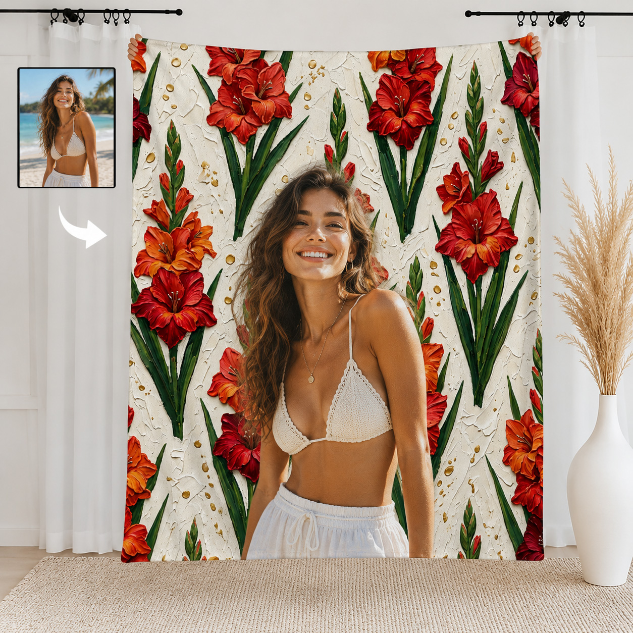 Personalized Birth Flower Flannel Blanket Oil Painting Style Custom Photo and Name Birthday Gift for Her