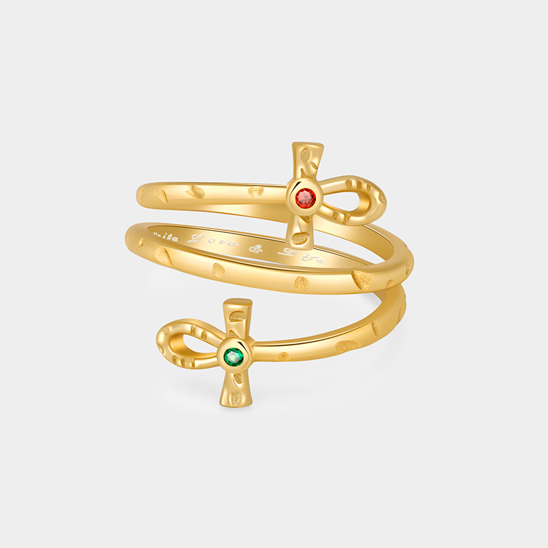 Personalized Sterling Silver Double Ankh Wrapped Ring Custom Text and Birthstone