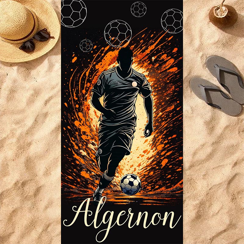 Personalized Soccer Beach Towel Kick of Fire Custom Name Gift for Soccer Lovers