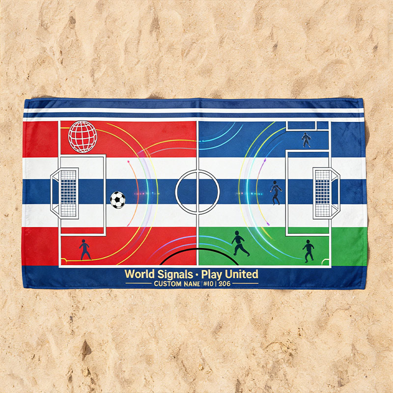 Personalized Soccer Beach Towel Ocean Route Soccer Map Beach TowelWorld Signals Play United Custom Name Number Gift for Soccer Lovers