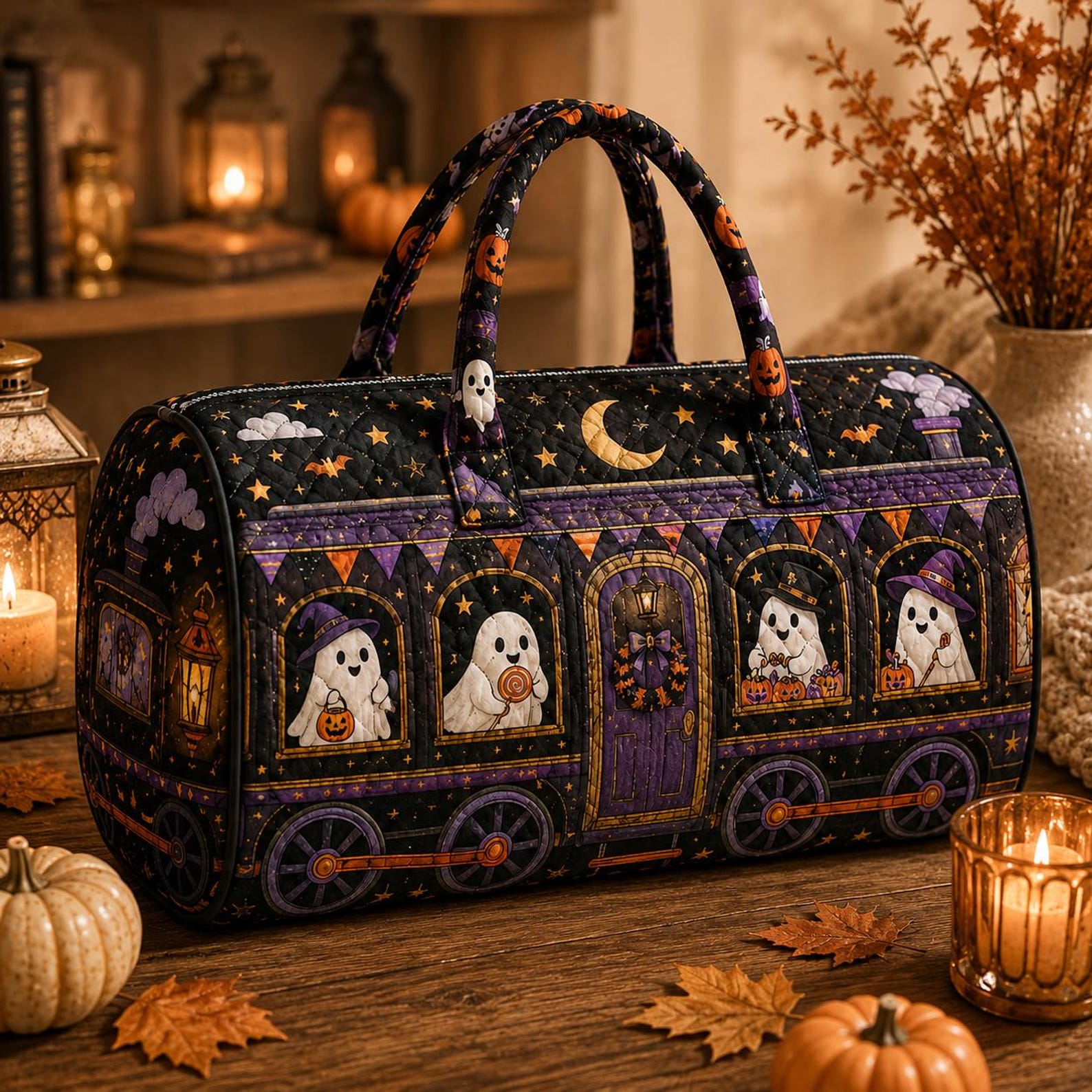 Ghoul Getaway Halloween Duffel Bag Spooky Ghost Travel Bag Haunted Road Trip Weekender Bag Quilted Halloween Overnight Bag
