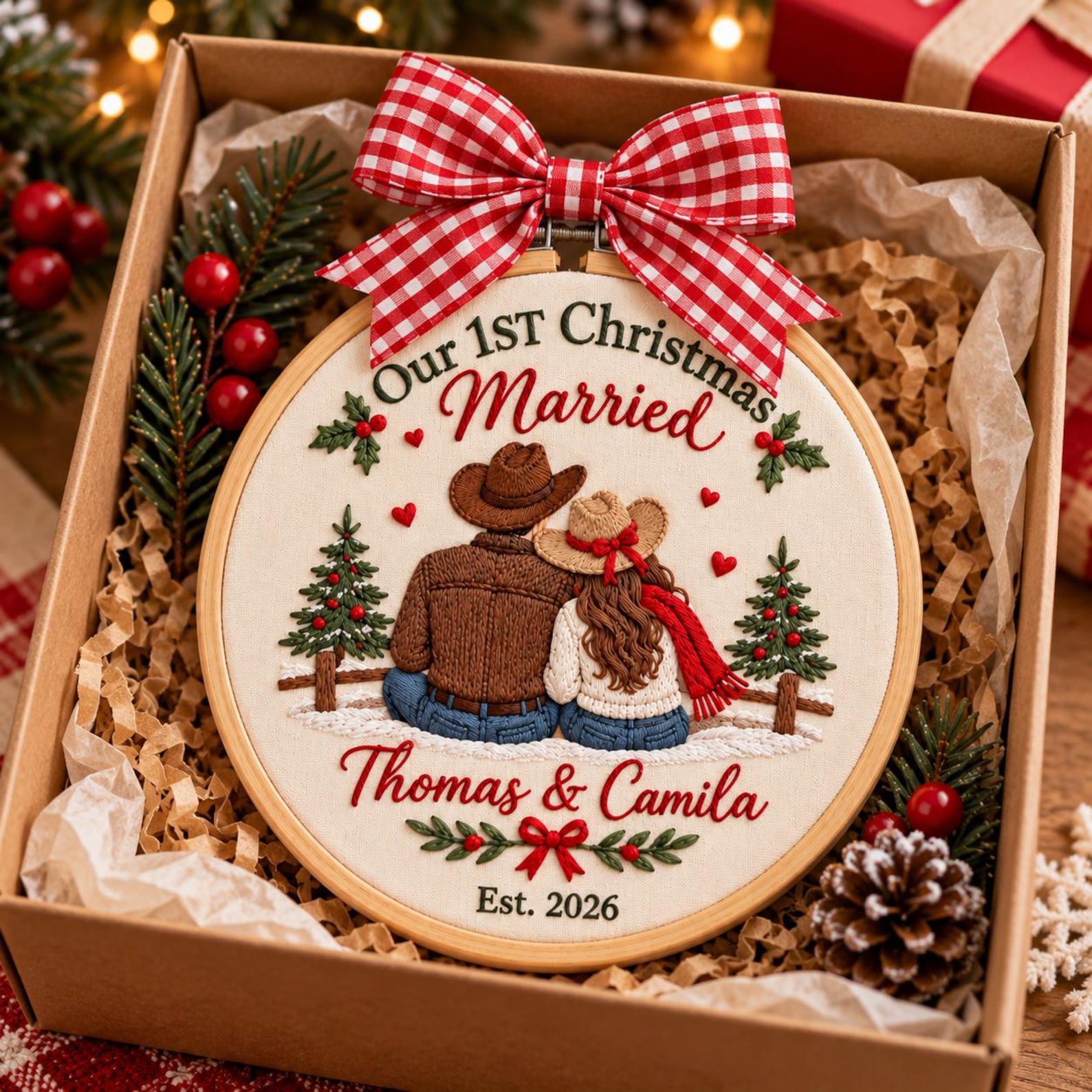 PERSONALIZED EMBROIDERED CHRISTMAS ORNAMENT  Celebrate the people who make the holidays special with a personalized embroidered ornament made just for you. Each piece is carefully embroidered with your chosen name, family details, or personalization, crea