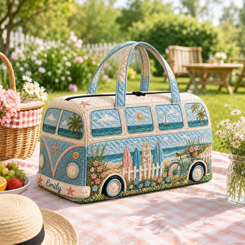 Personalized Quilted Camper Duffel Bag Retro Beach Travel Weekender Tote