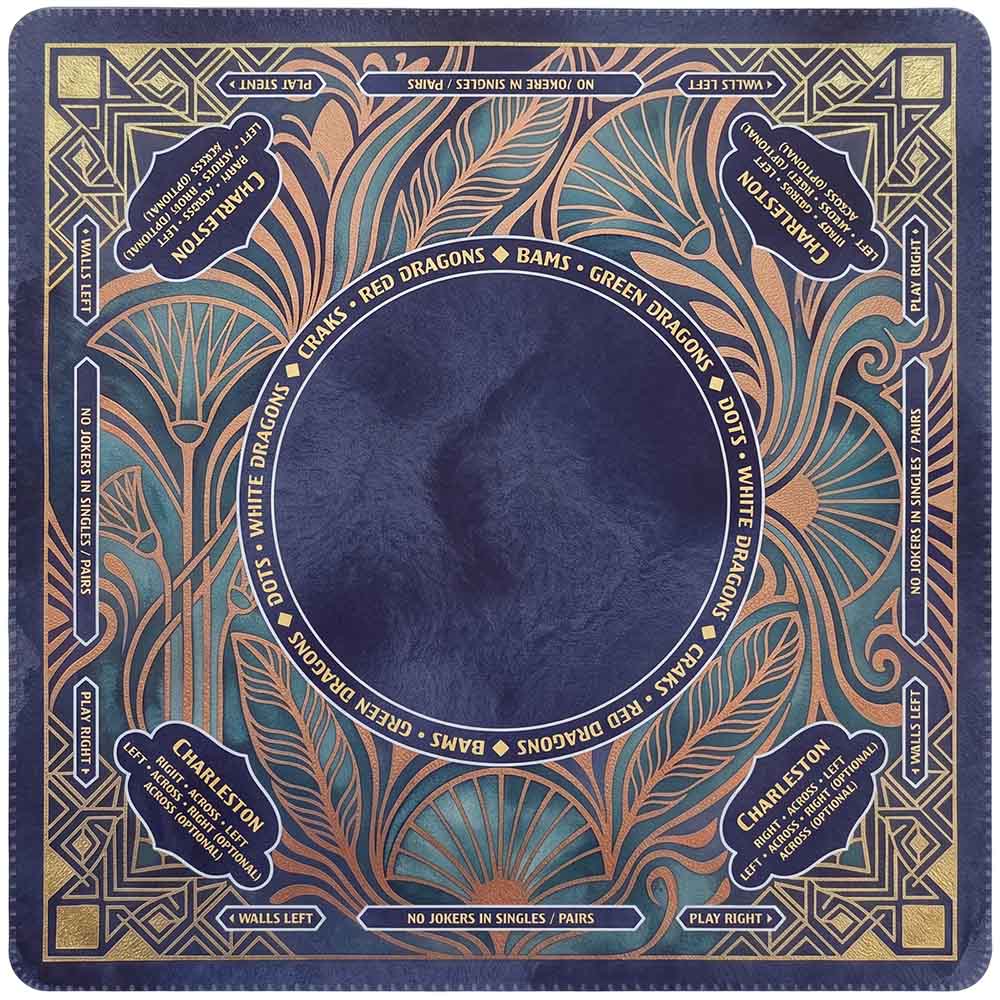 Personalized Dark Blue Art Deco Mahjong Mat with Rules Instructions
