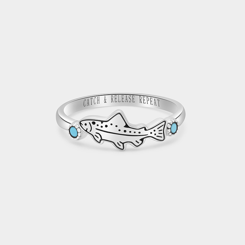 Personalized Sterling Silver Vintage Turquoise Trout Ring Custom Engraved Text