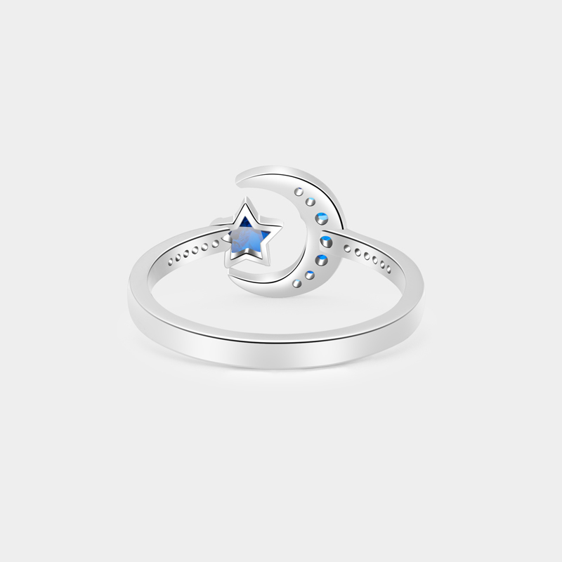 Personalized Moon and Star Birthstone Ring with Custom Engraving, Elegant Sterling Silver Jewelry for Meaningful Romantic Gifts