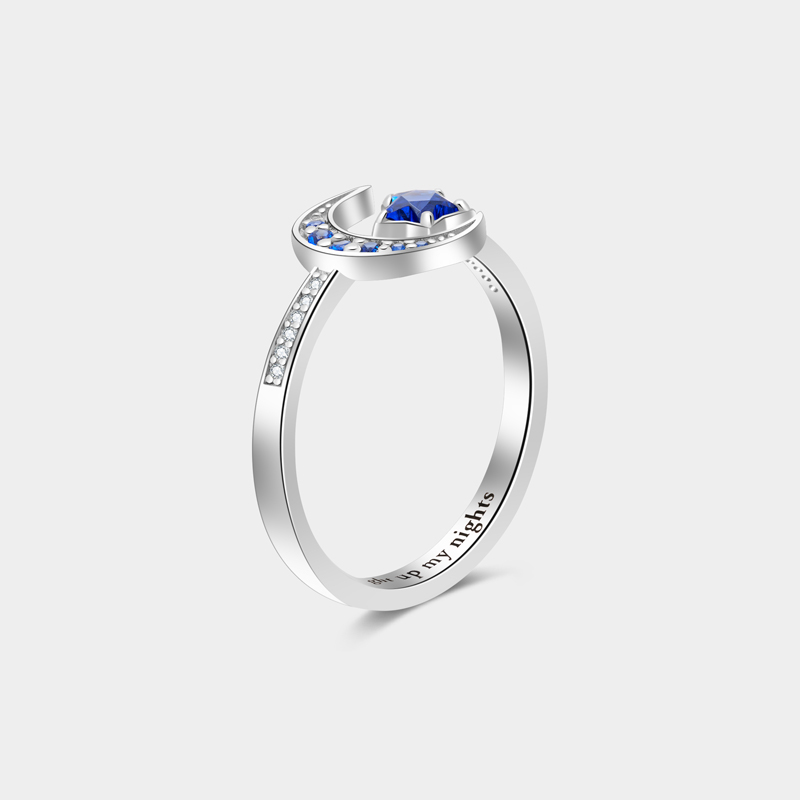 Personalized Moon and Star Birthstone Ring with Custom Engraving, Elegant Sterling Silver Jewelry for Meaningful Romantic Gifts