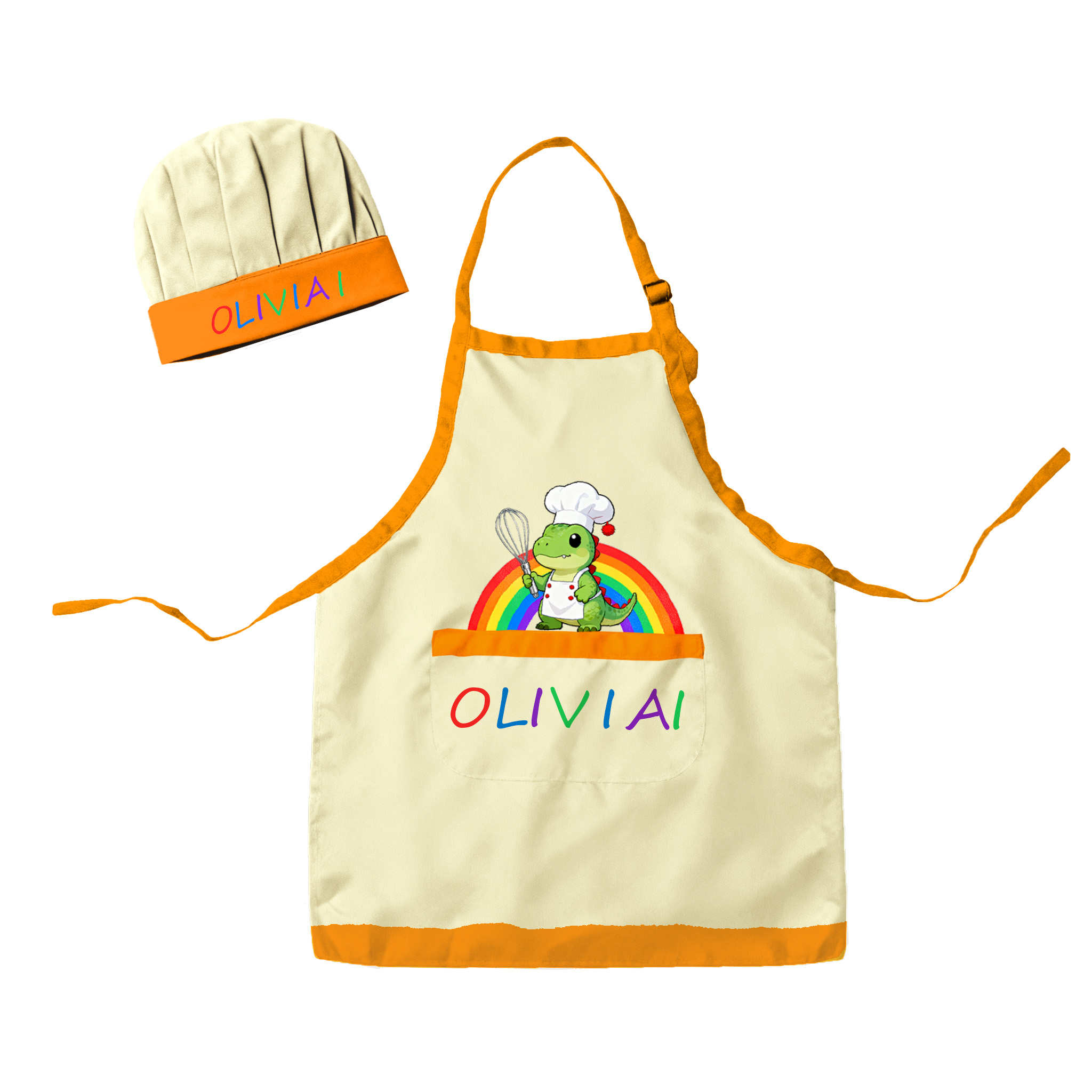 Personalized Rainbow Dinosaur Adjustable Kid Apron Chef Hat Set with Pocket and Name for Cooking Baking Birthday Holiday Gift for Kids