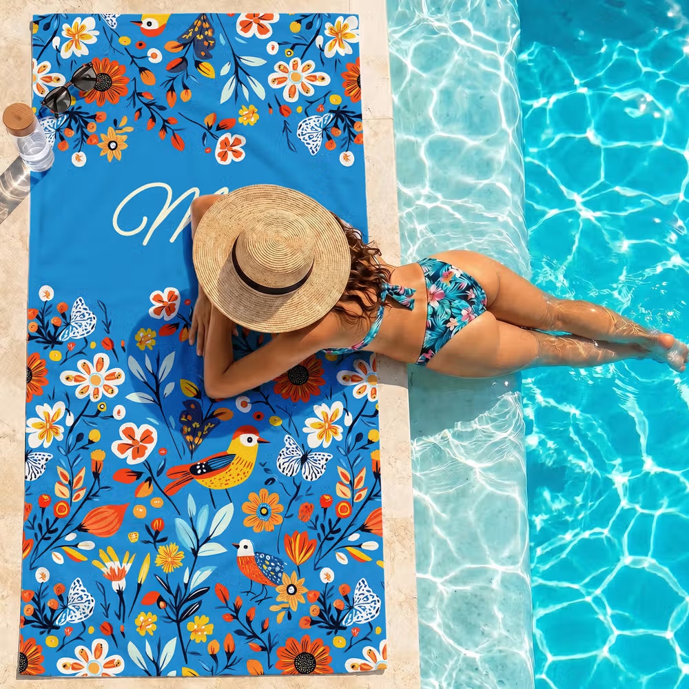 Personalized Floral Beach Towel with Name Custom Summer Gift for Women and Girls