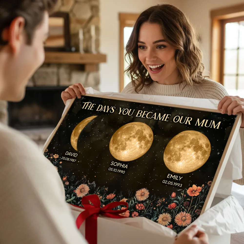 Personalised Moon Phase Family Print – “The Days You Became Our Mum” Custom Poster with Names, Dates & Birth Moons – Unique Mother’s Day Gift
