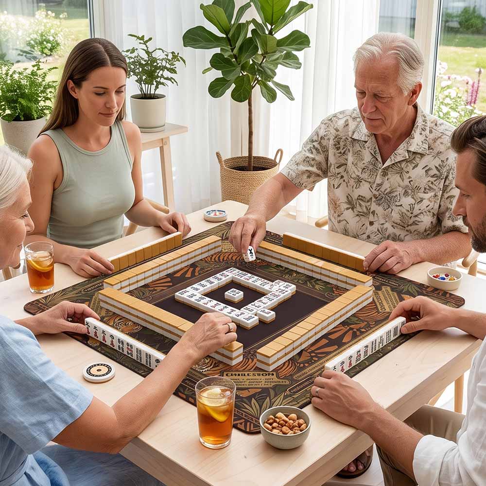 Masculine Mahjong Mat with Instructions Rules Tiger Design