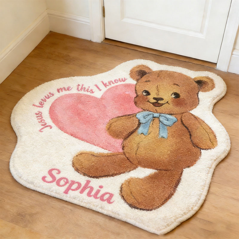 Personalize Jesus Loves Me this i Know Vintage Bear Christian Rug with Custom Name Valentine Gift Religious Gift for her