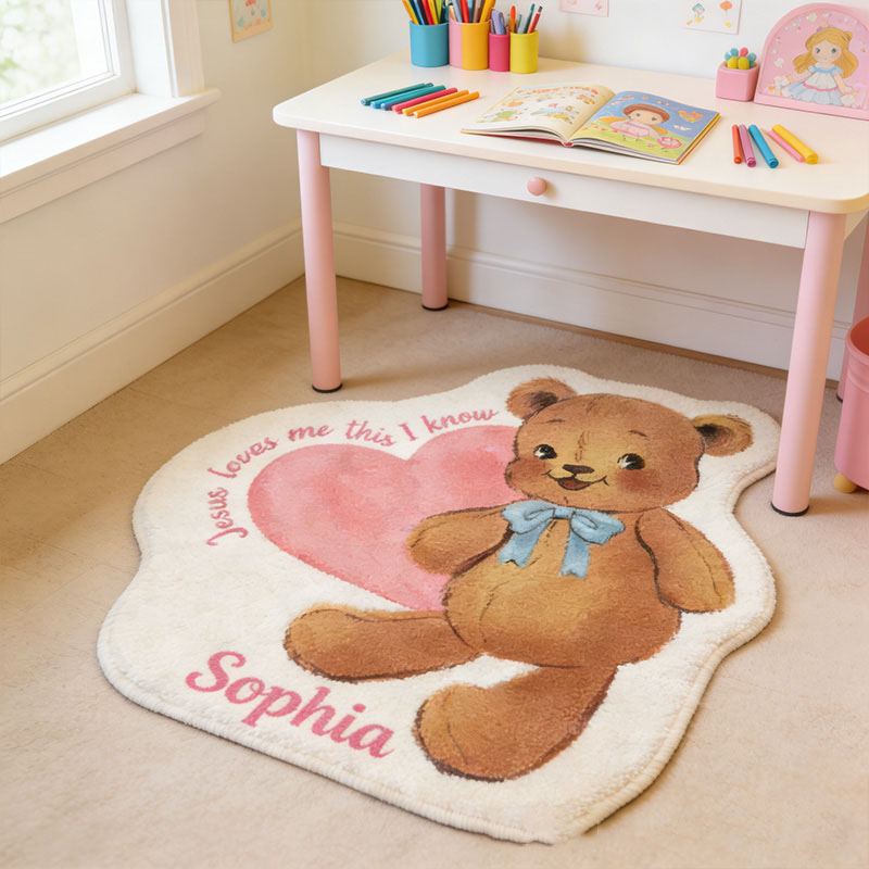 Personalize Jesus Loves Me this i Know Vintage Bear Christian Rug with Custom Name Valentine Gift Religious Gift for her