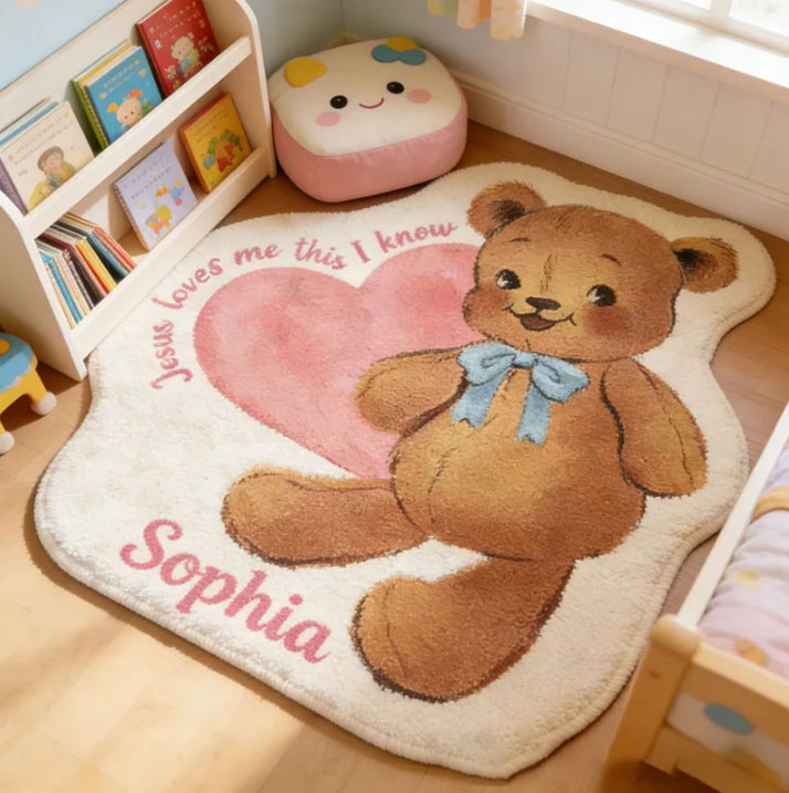 Personalize Jesus Loves Me this i Know Vintage Bear Christian Rug with Custom Name Valentine Gift Religious Gift for her